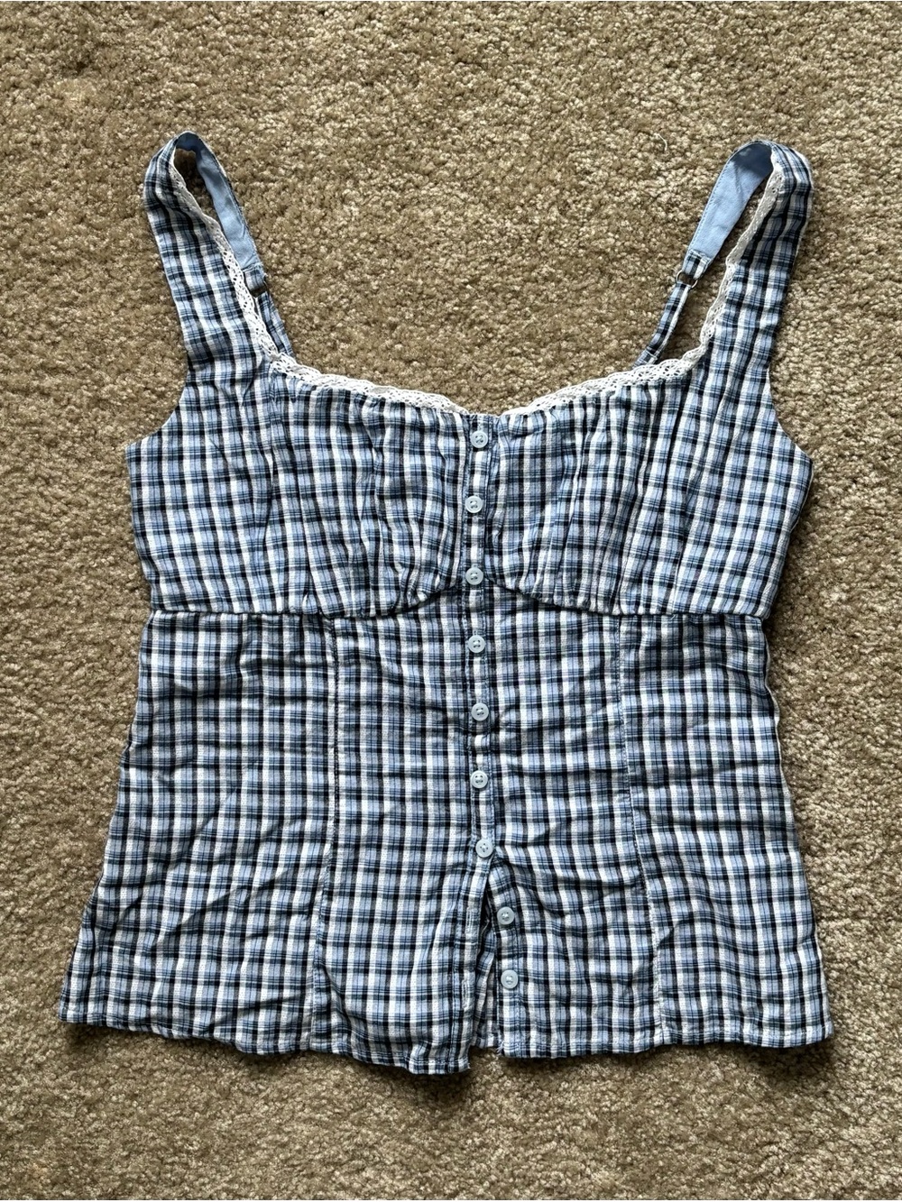 blue & white plaid laced trim adjustable hollister tank